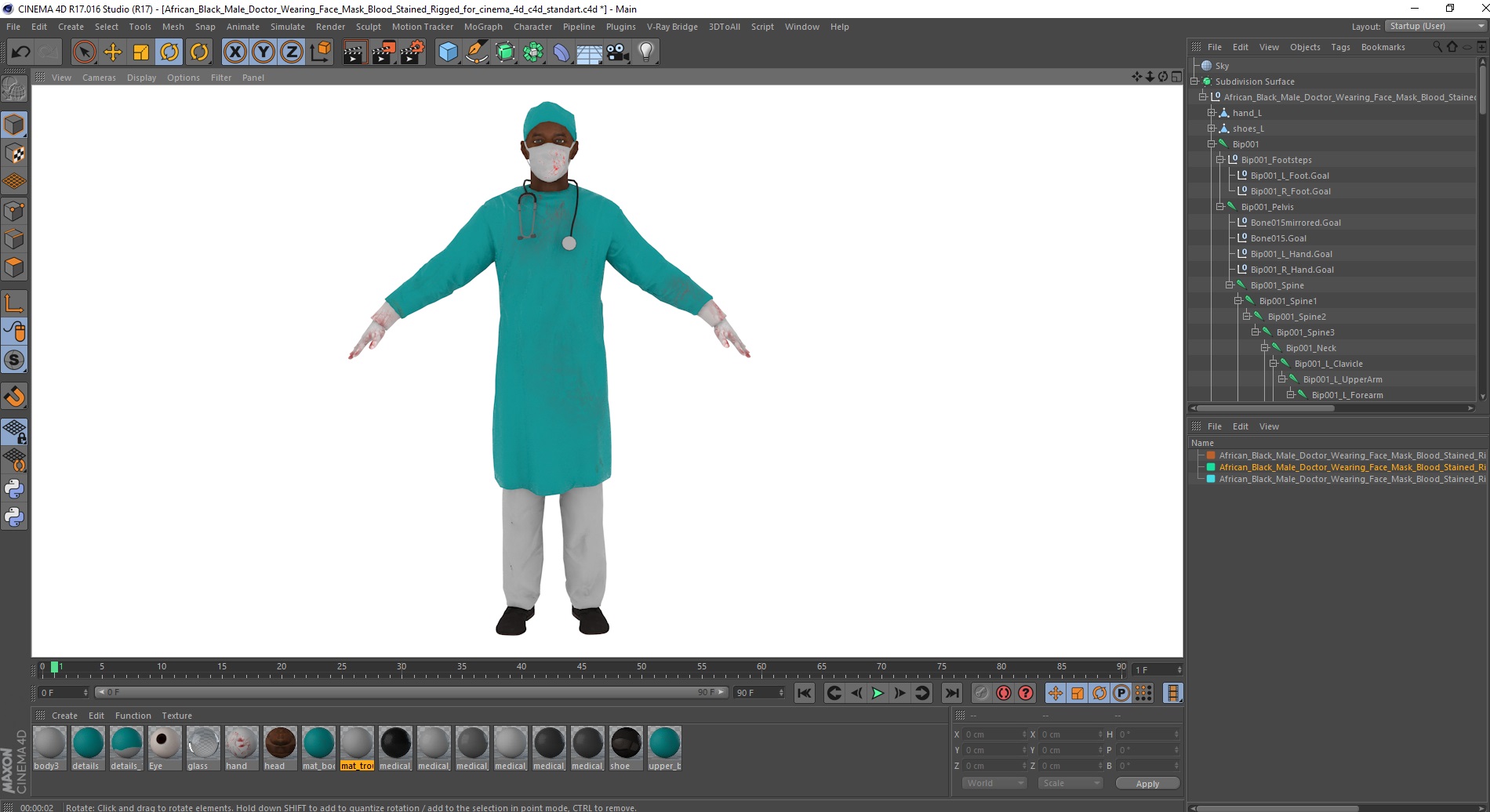 3D African Black Male Doctor Wearing Face Mask Blood Stained Rigged for Cinema 4D model