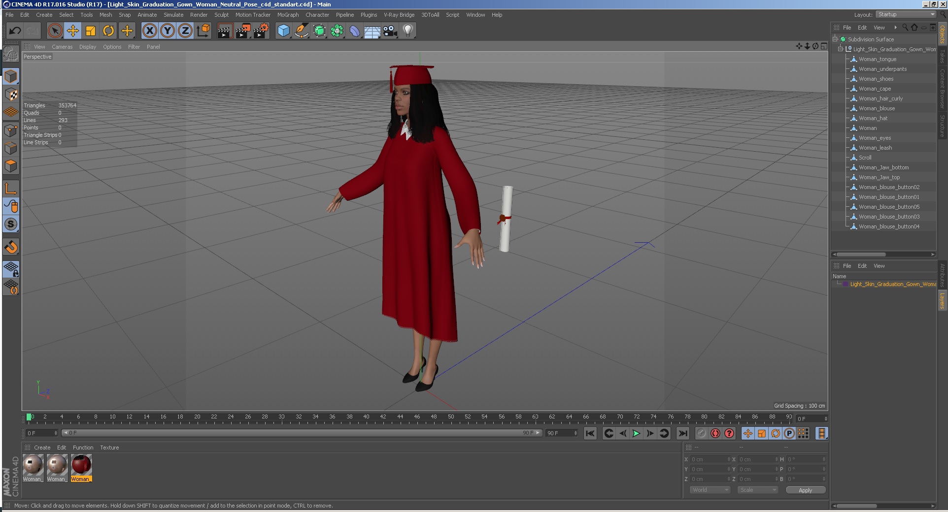 3D model Light Skin Graduation Gown Woman Neutral Pose