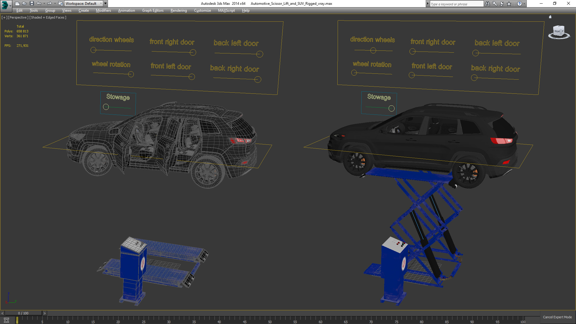 3D Automotive Scissor Lift and SUV Rigged model