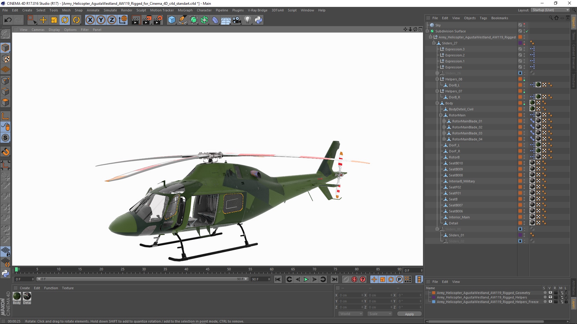 Army Helicopter AgustaWestland AW119 Rigged for Cinema 4D 3D