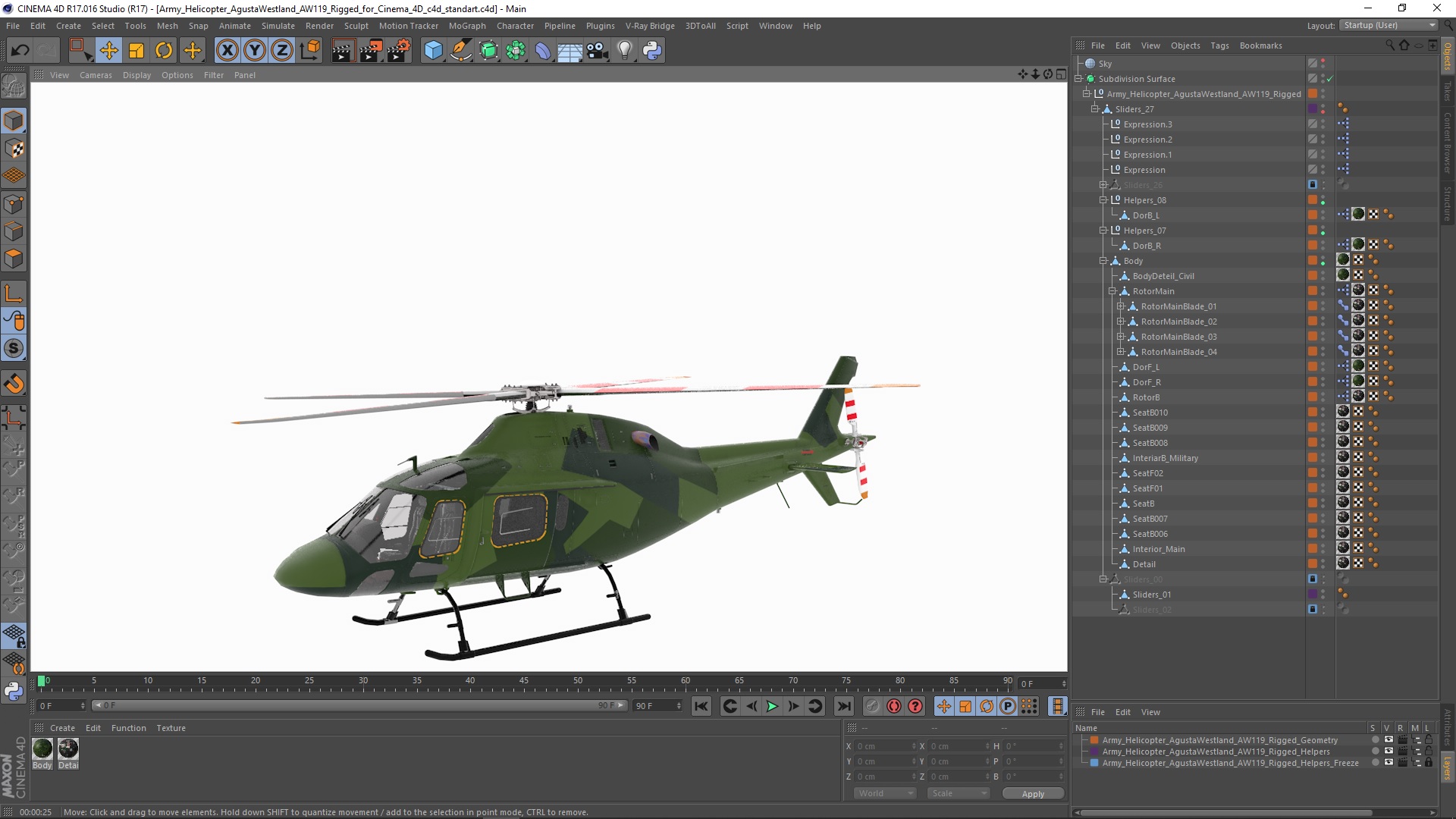 Army Helicopter AgustaWestland AW119 Rigged for Cinema 4D 3D
