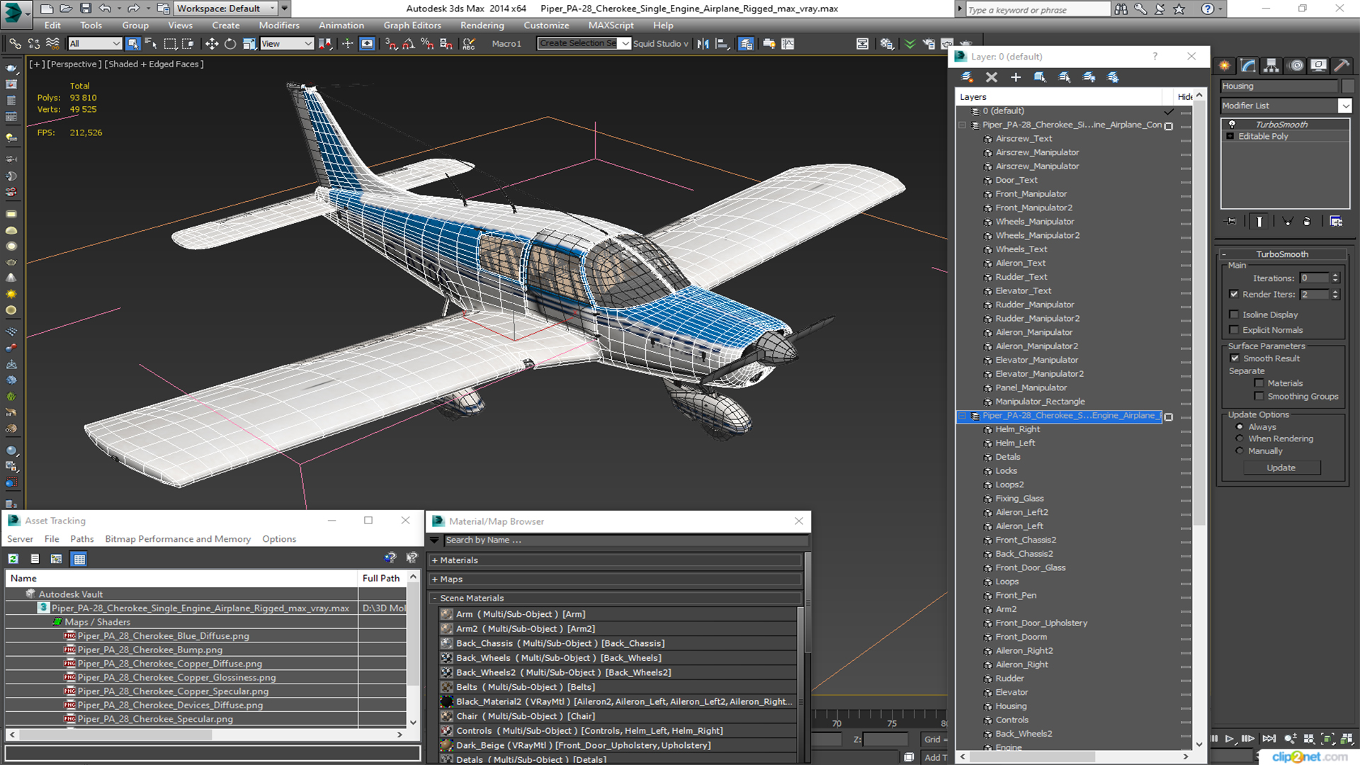 3D model Piper PA-28 Cherokee Single Engine Airplane Rigged