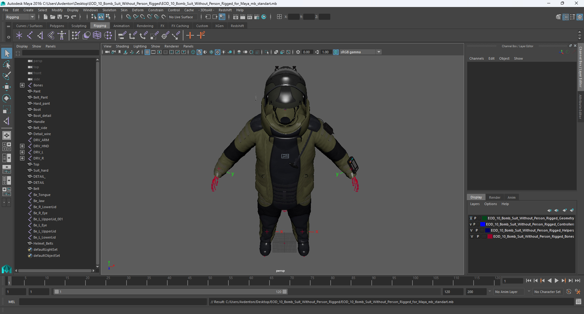 EOD 10 Bomb Suit Without Person Rigged for Maya 3D