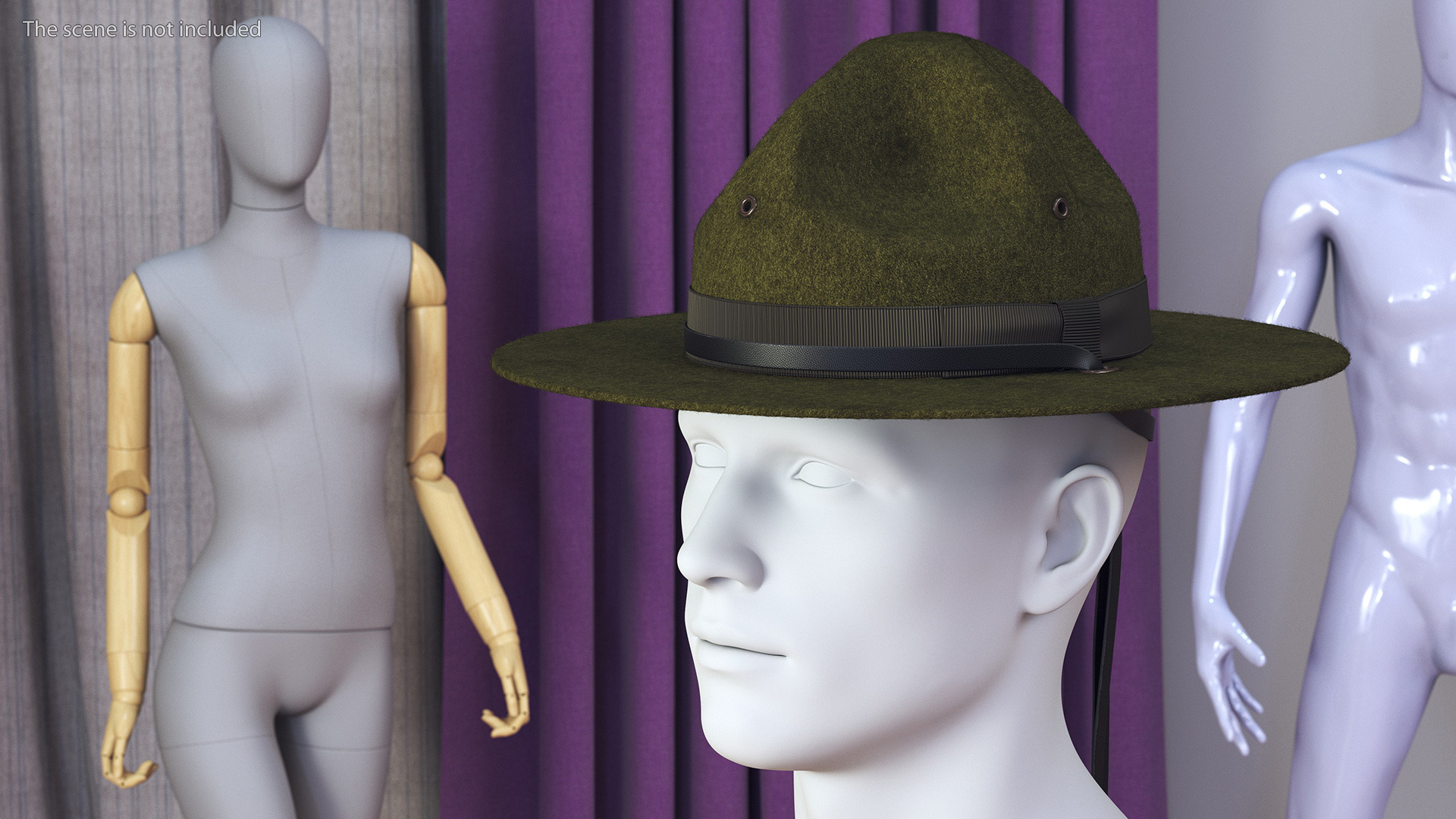 3D model Drill Sergeant Campaign Hat Green on Mannequin Fur