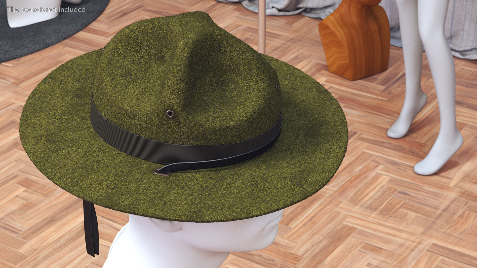 3D model Drill Sergeant Campaign Hat Green on Mannequin Fur