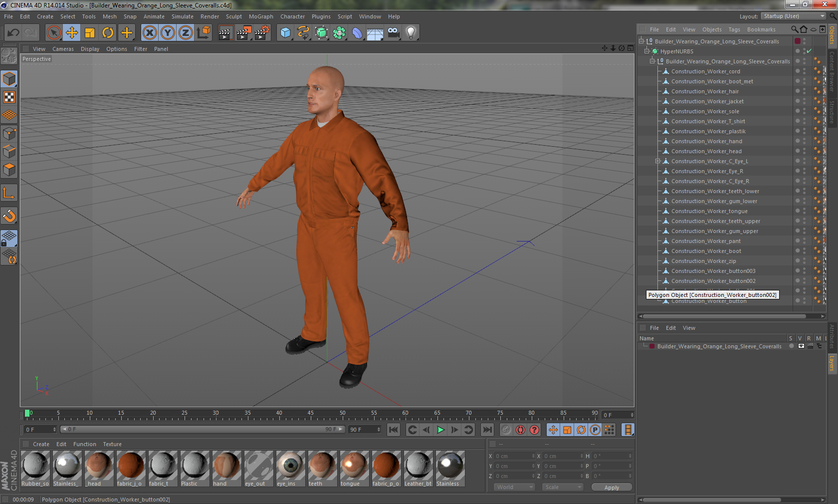Builder Wearing Orange Long Sleeve Coveralls 3D model