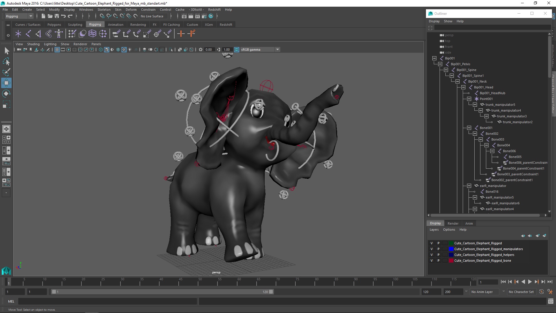 Cute Cartoon Elephant Rigged for Maya 3D