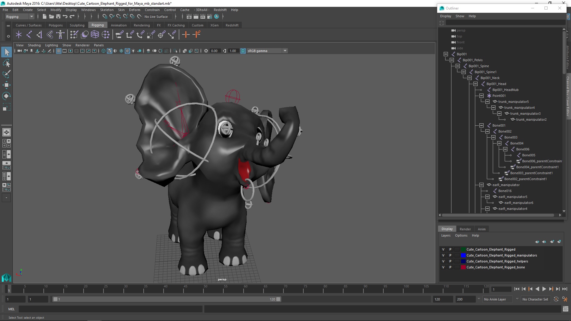 Cute Cartoon Elephant Rigged for Maya 3D