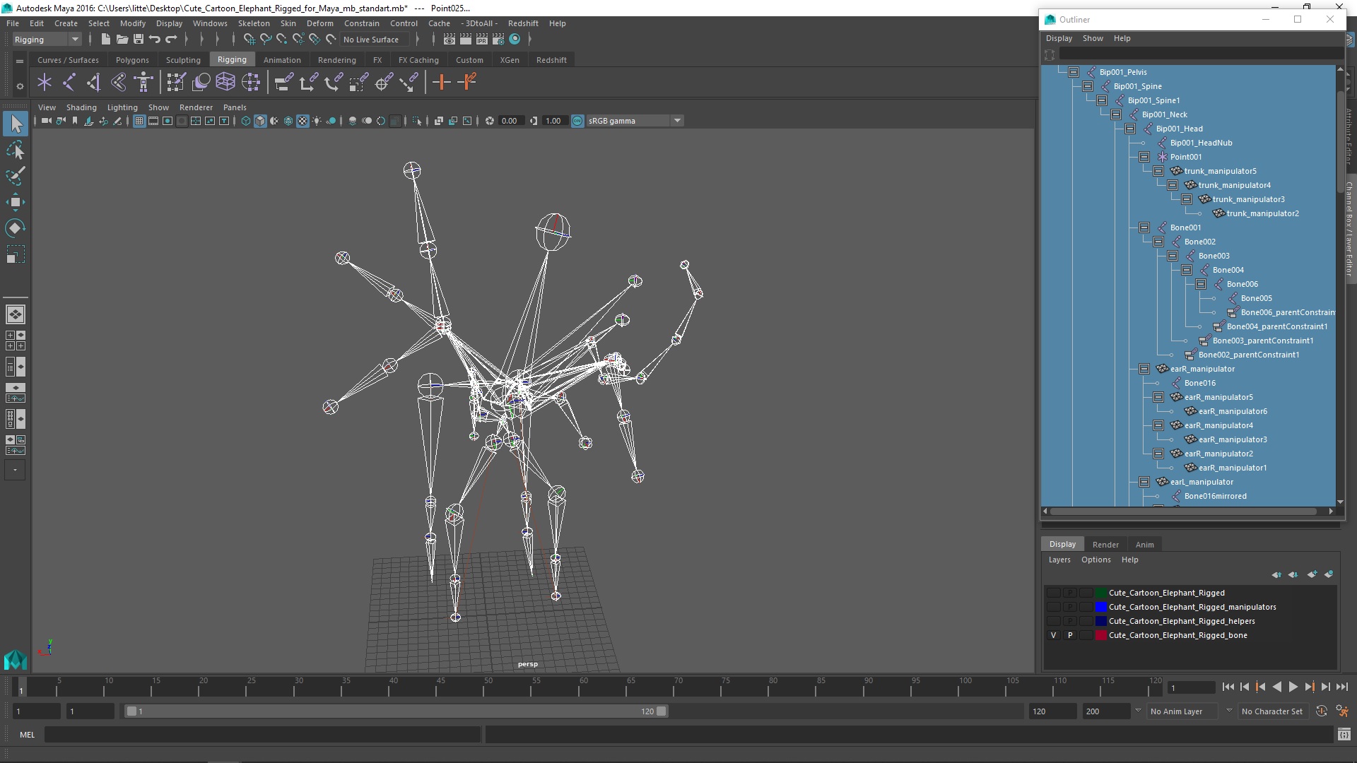 Cute Cartoon Elephant Rigged for Maya 3D