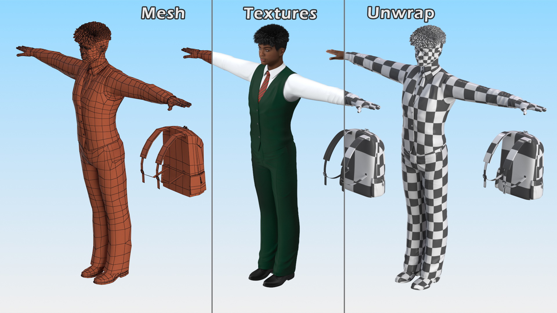 Black Teenager Light Skin School Uniform Rigged 3D