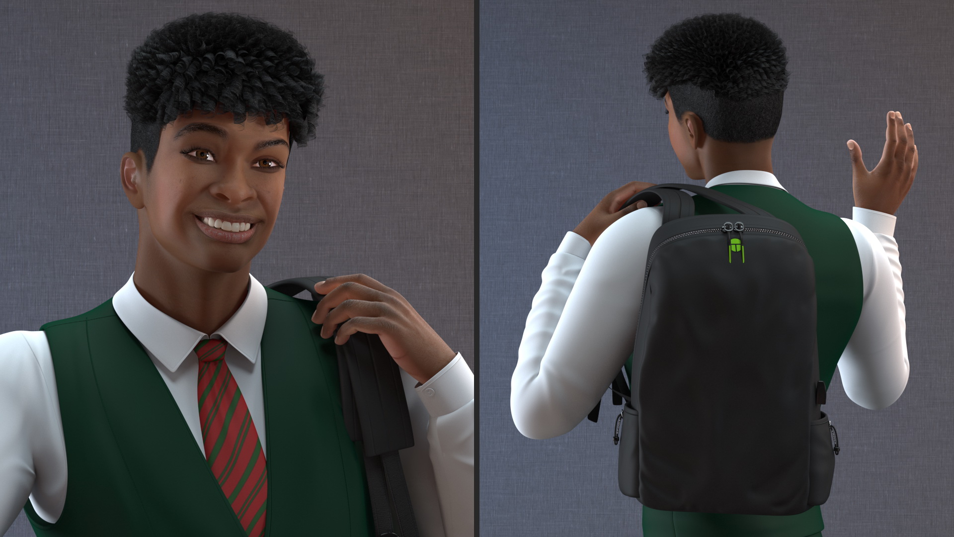 Black Teenager Light Skin School Uniform Rigged 3D