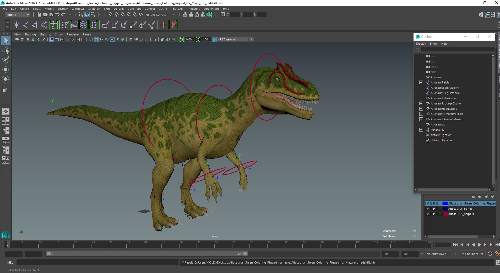 3D Allosaurus Green Coloring Rigged for Maya