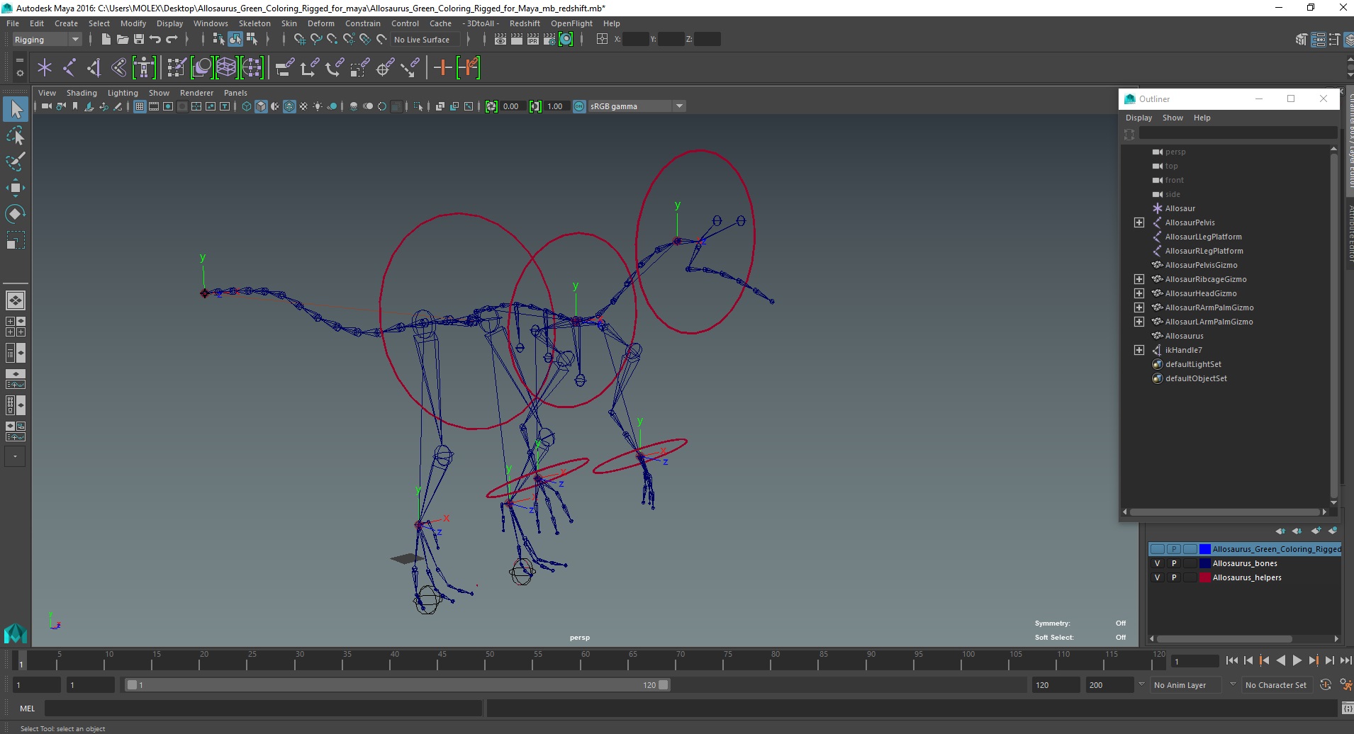 3D Allosaurus Green Coloring Rigged for Maya