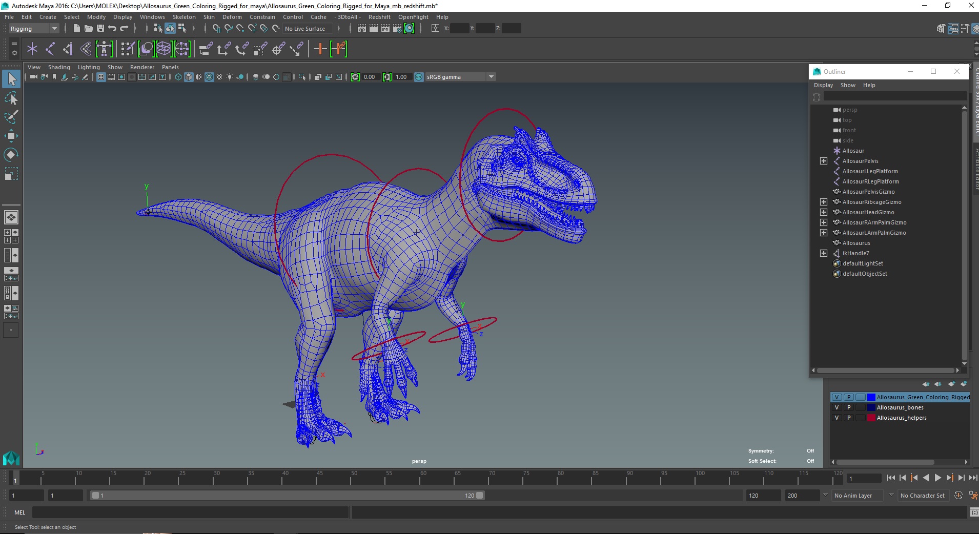 3D Allosaurus Green Coloring Rigged for Maya