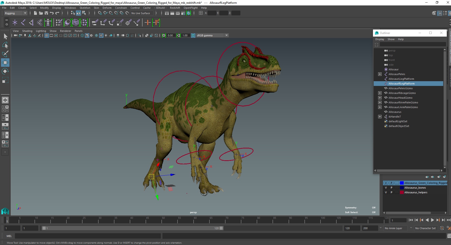 3D Allosaurus Green Coloring Rigged for Maya
