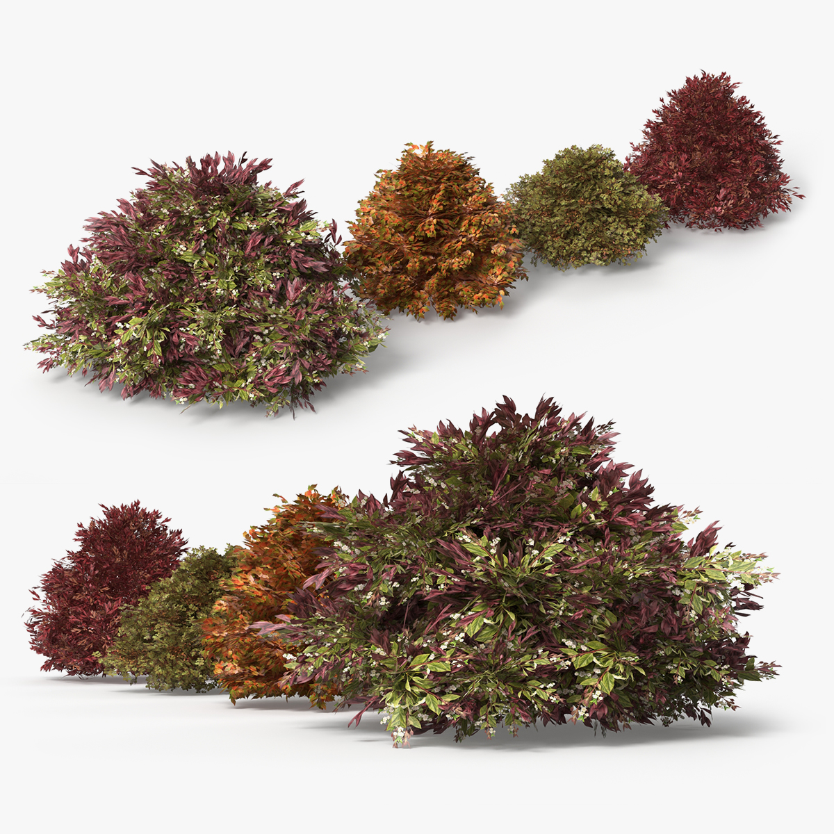 Low Poly Ornamental Landscape Shrubs Set Multicolor 3D model preview