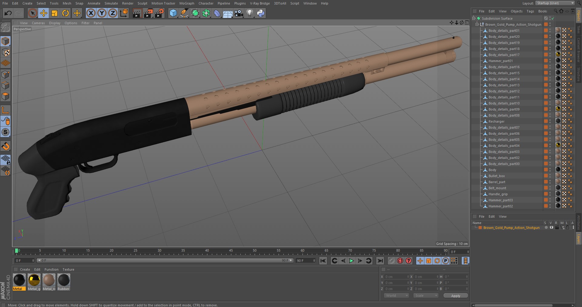 3D model Brown Gold Pump Action Shotgun