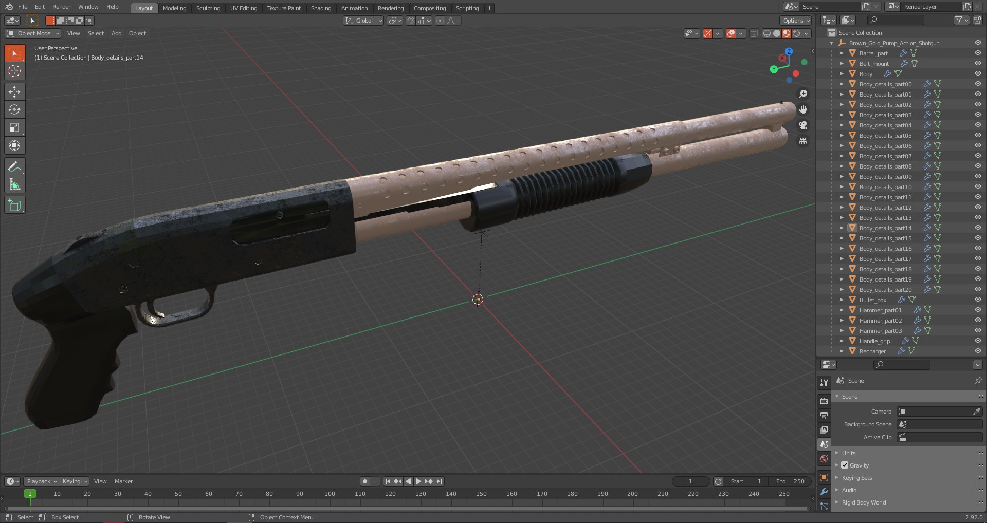3D model Brown Gold Pump Action Shotgun