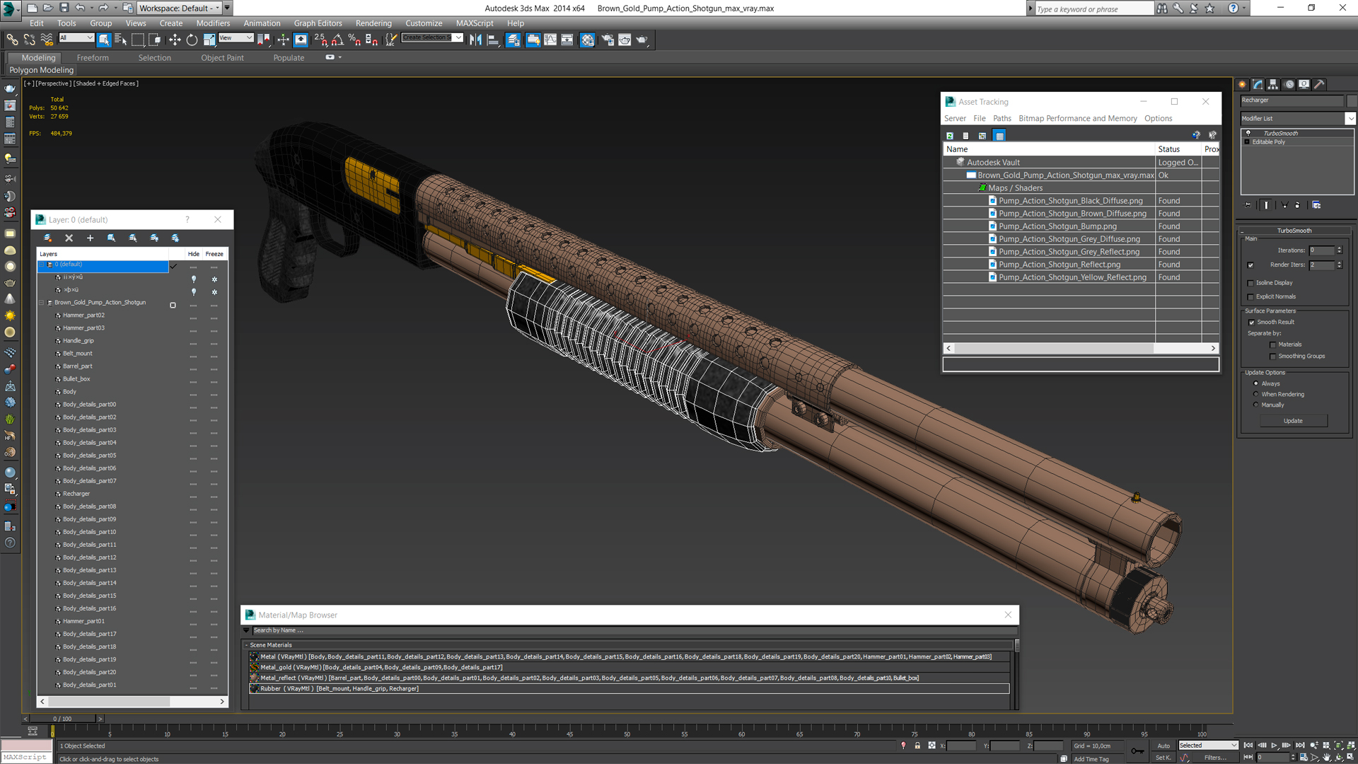 3D model Brown Gold Pump Action Shotgun