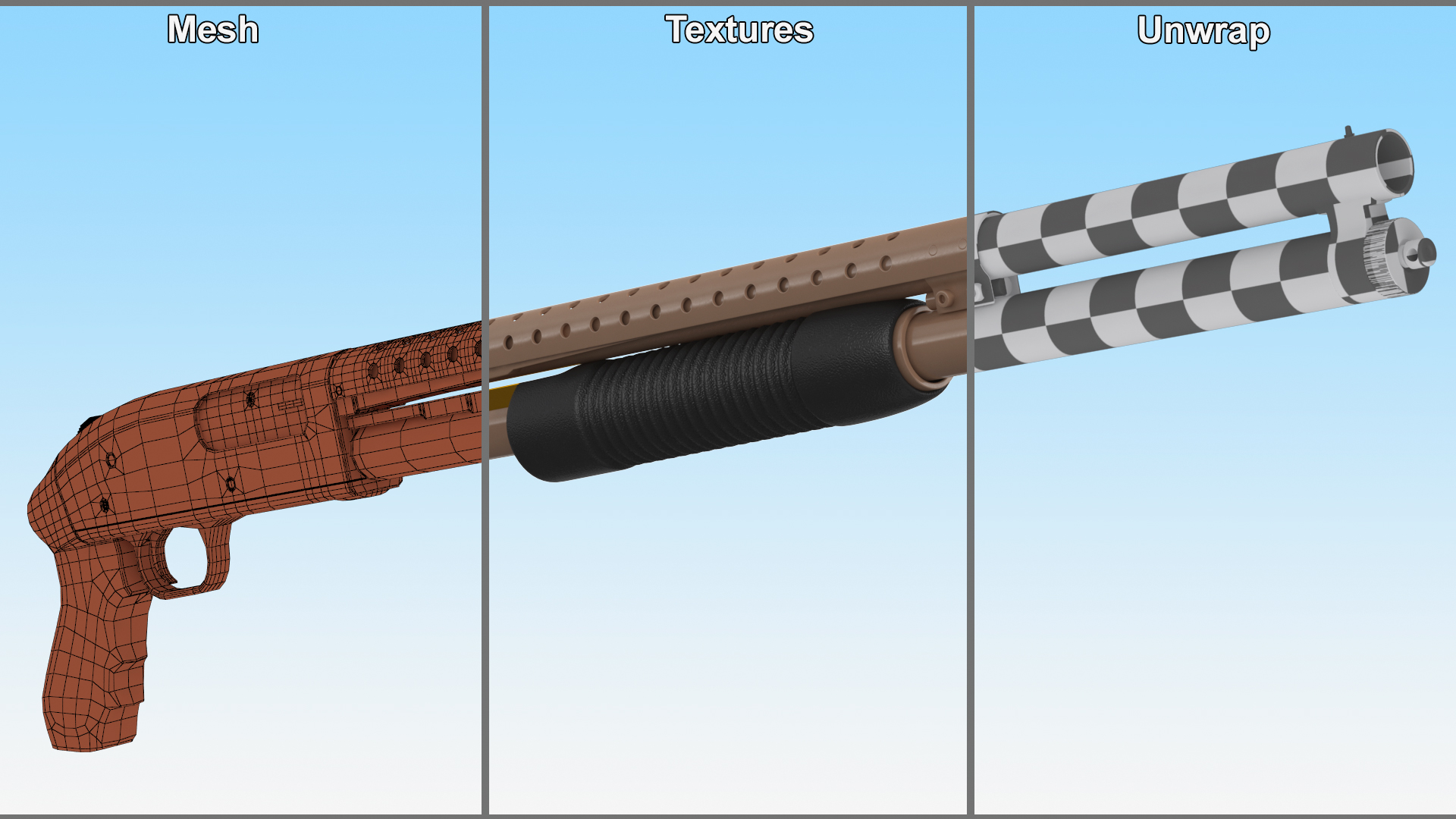 3D model Brown Gold Pump Action Shotgun