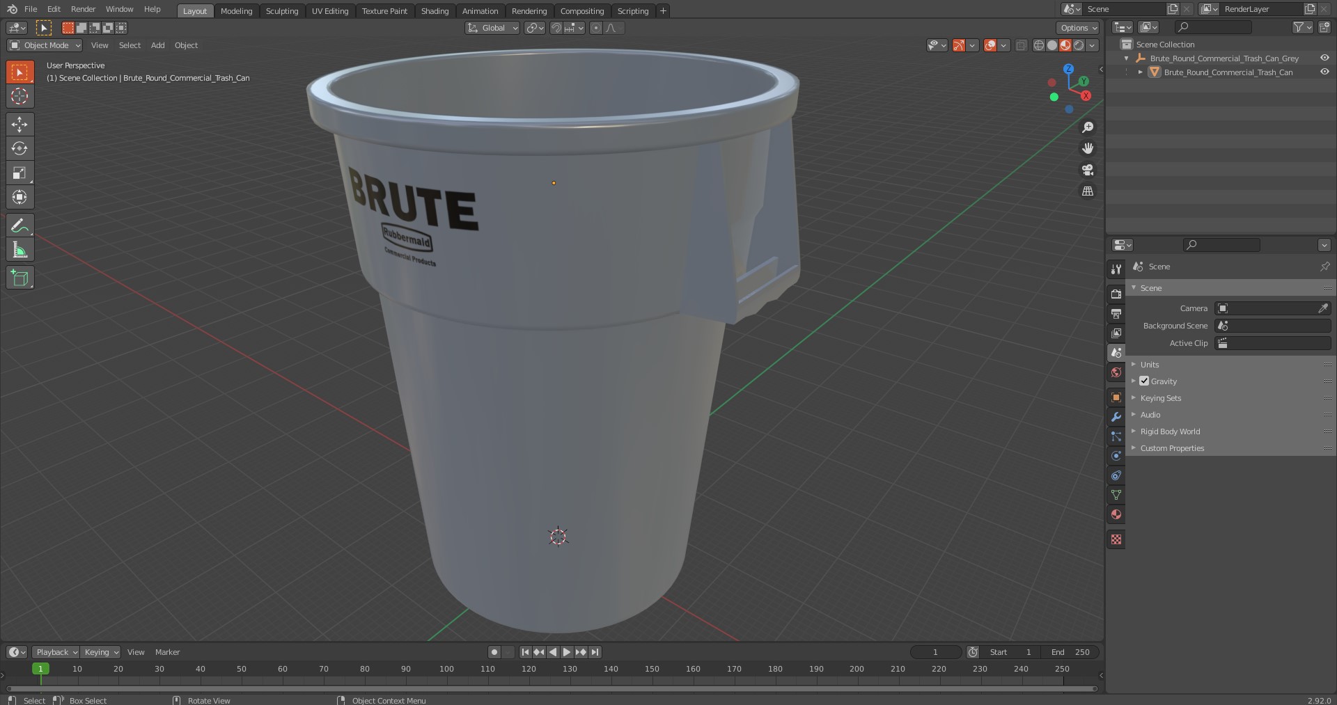 Brute Round Commercial Trash Can Grey 3D