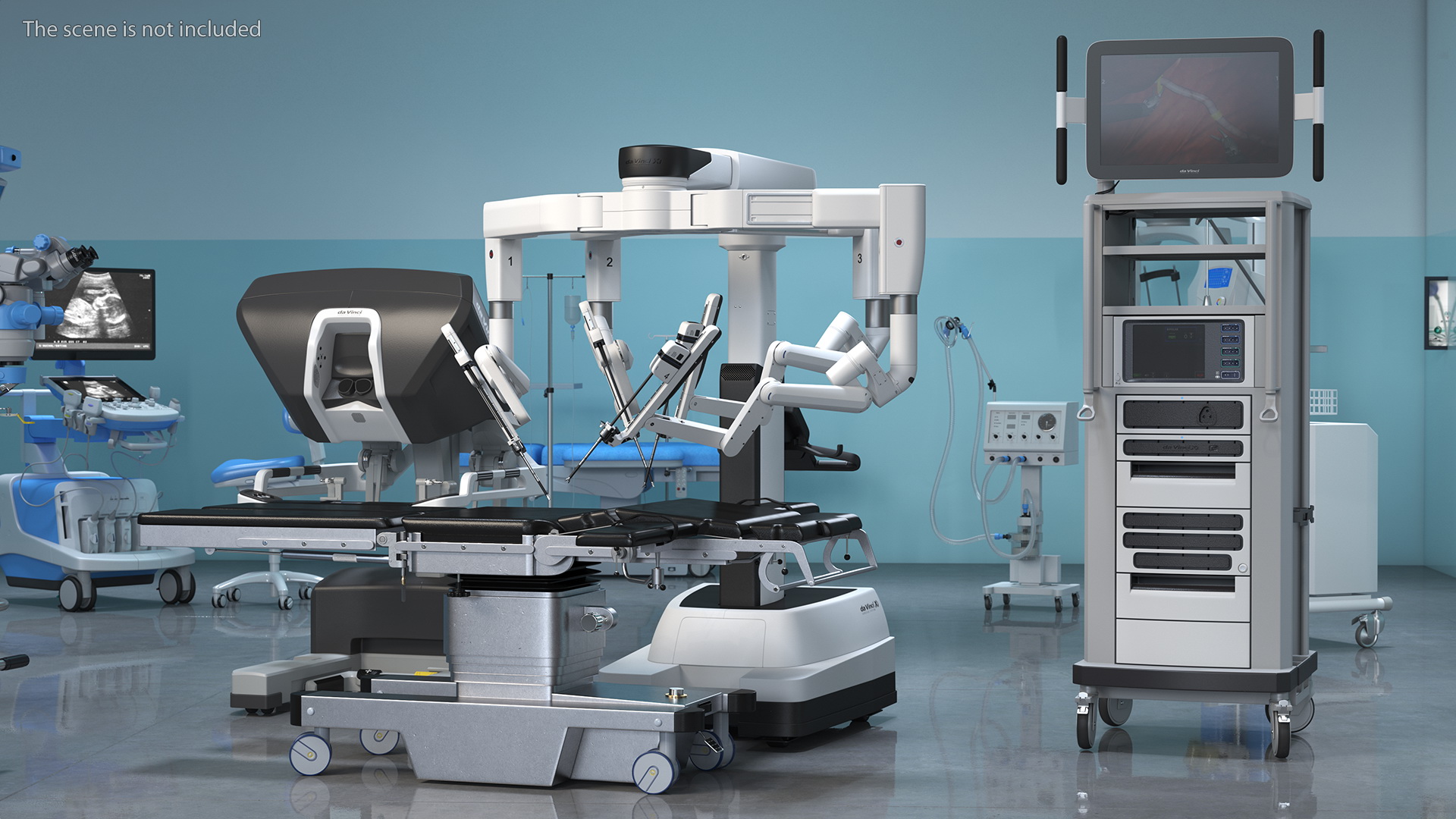 Full Da Vinci Surgical System Rigged with Operating Table 3D