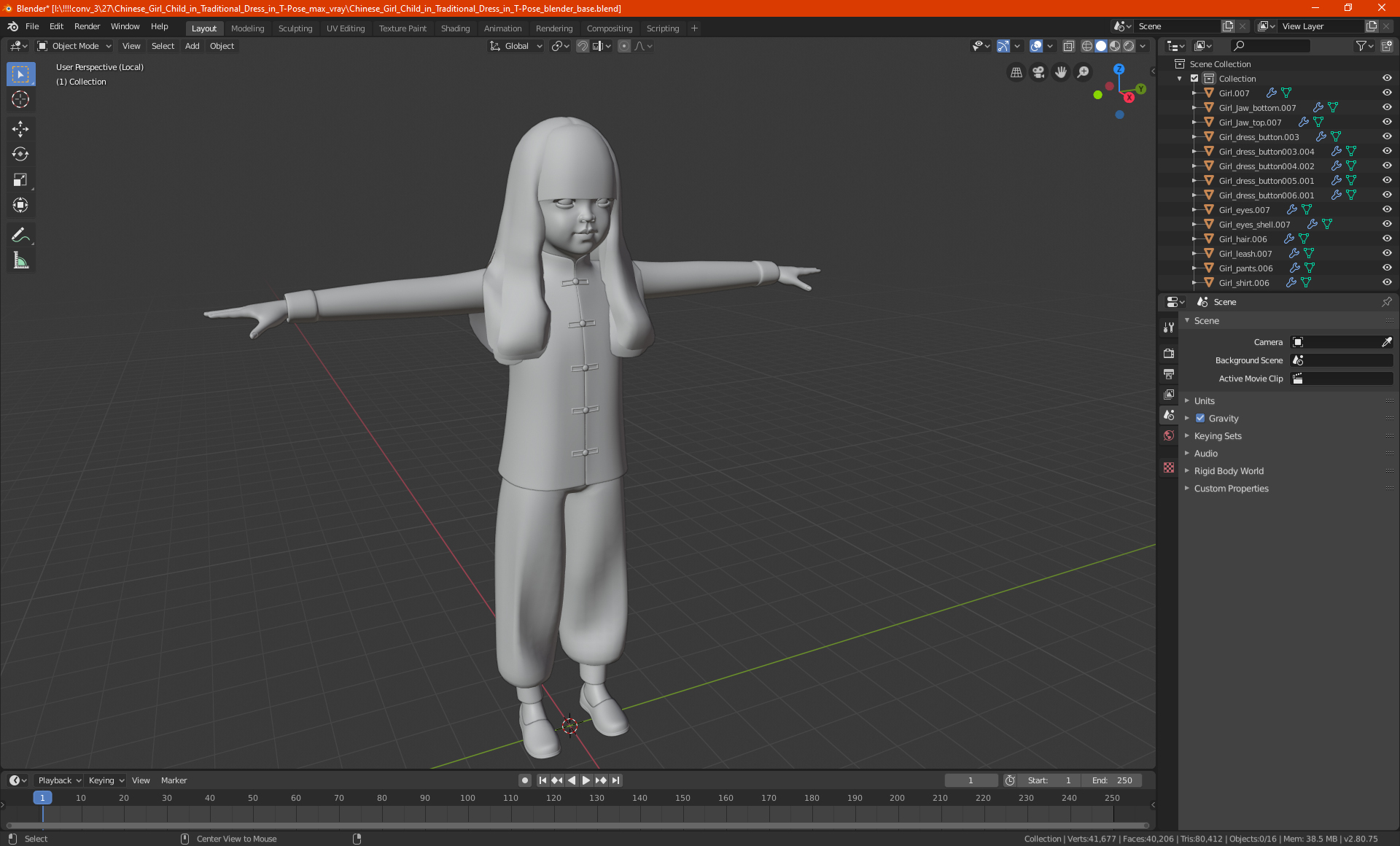 Chinese Girl Child in Traditional Dress in T-Pose 3D model