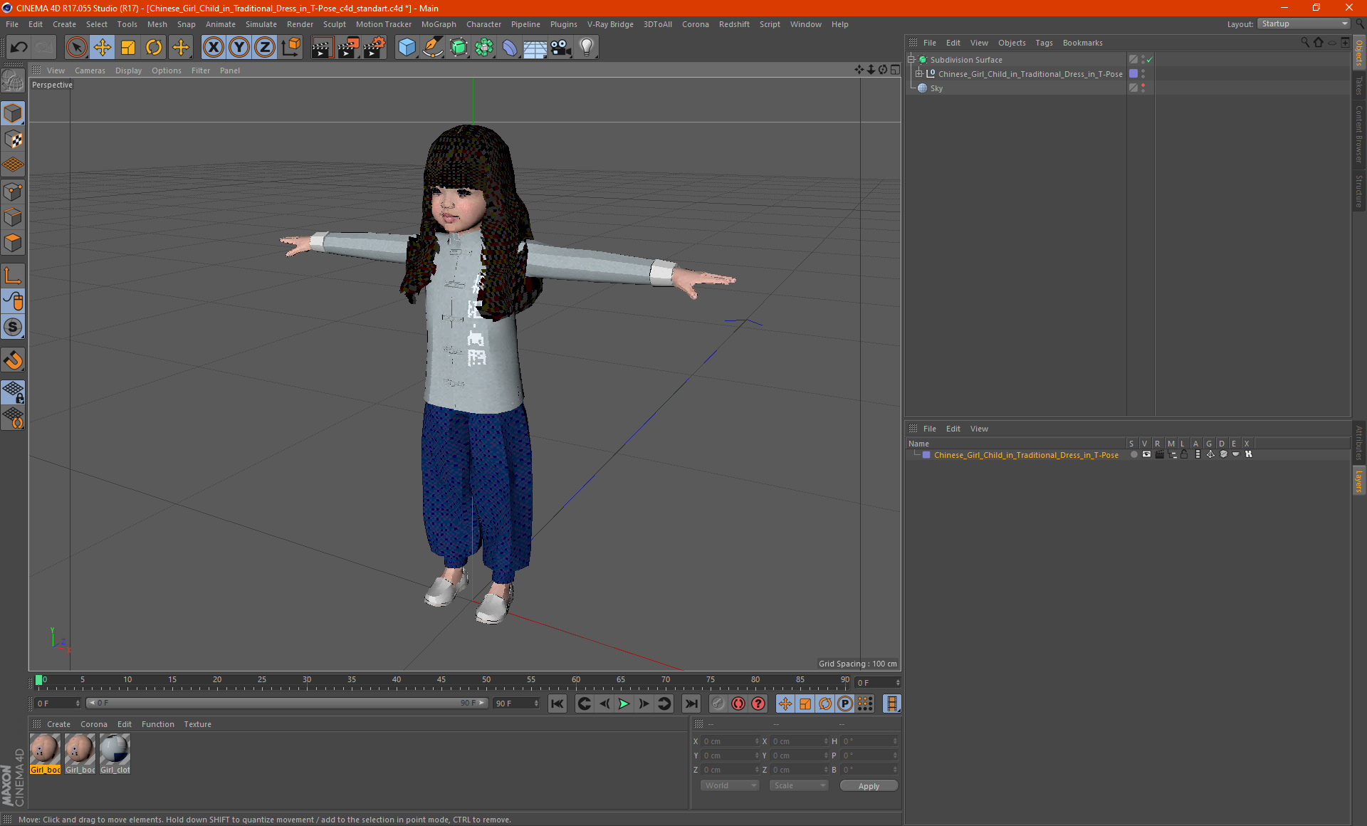 Chinese Girl Child in Traditional Dress in T-Pose 3D model