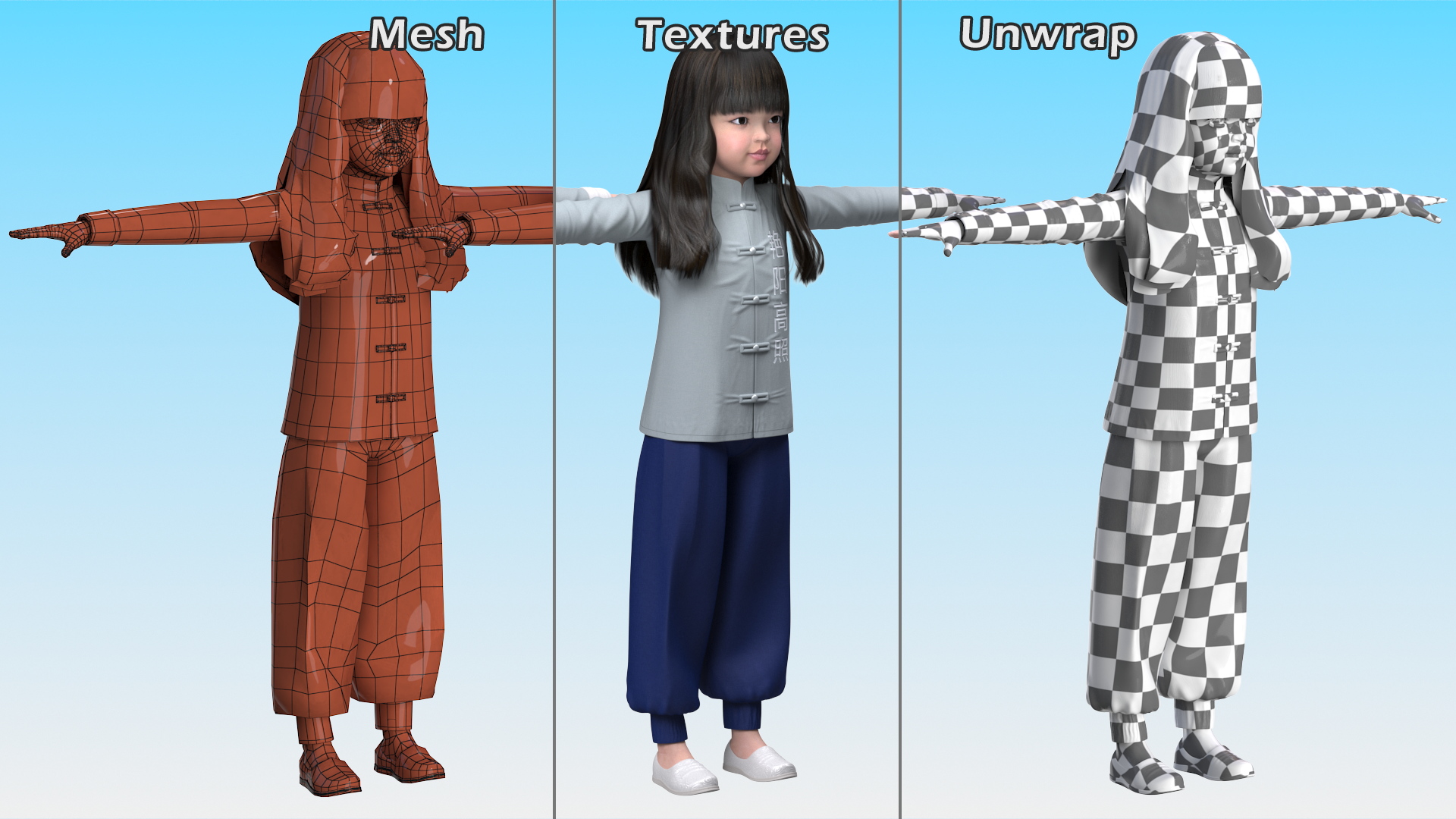 Chinese Girl Child in Traditional Dress in T-Pose 3D model