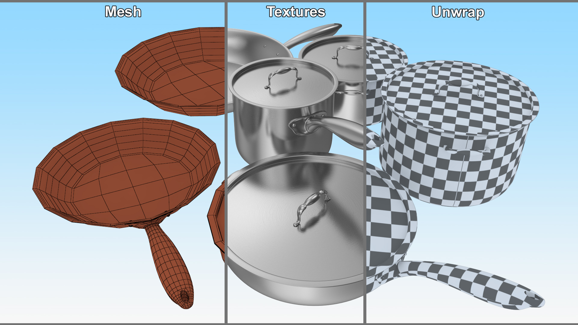 3D Stainless Kitchen Pot Set 6 piece model