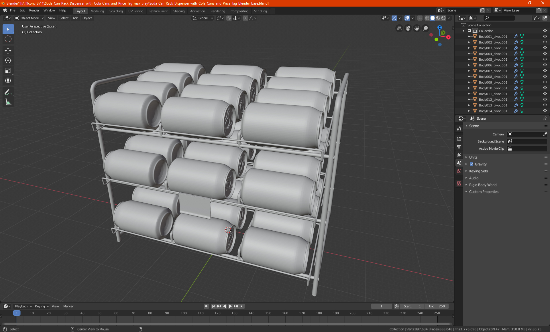 Soda Can Rack Dispenser with Cola Cans and Price Tag 3D