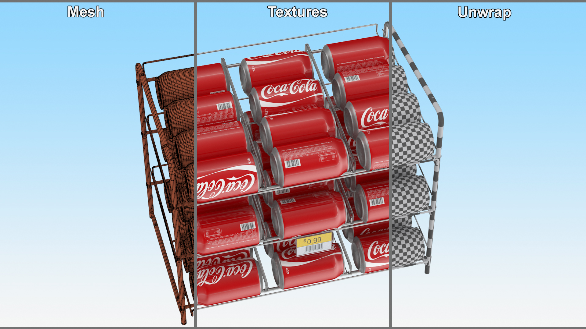 Soda Can Rack Dispenser with Cola Cans and Price Tag 3D
