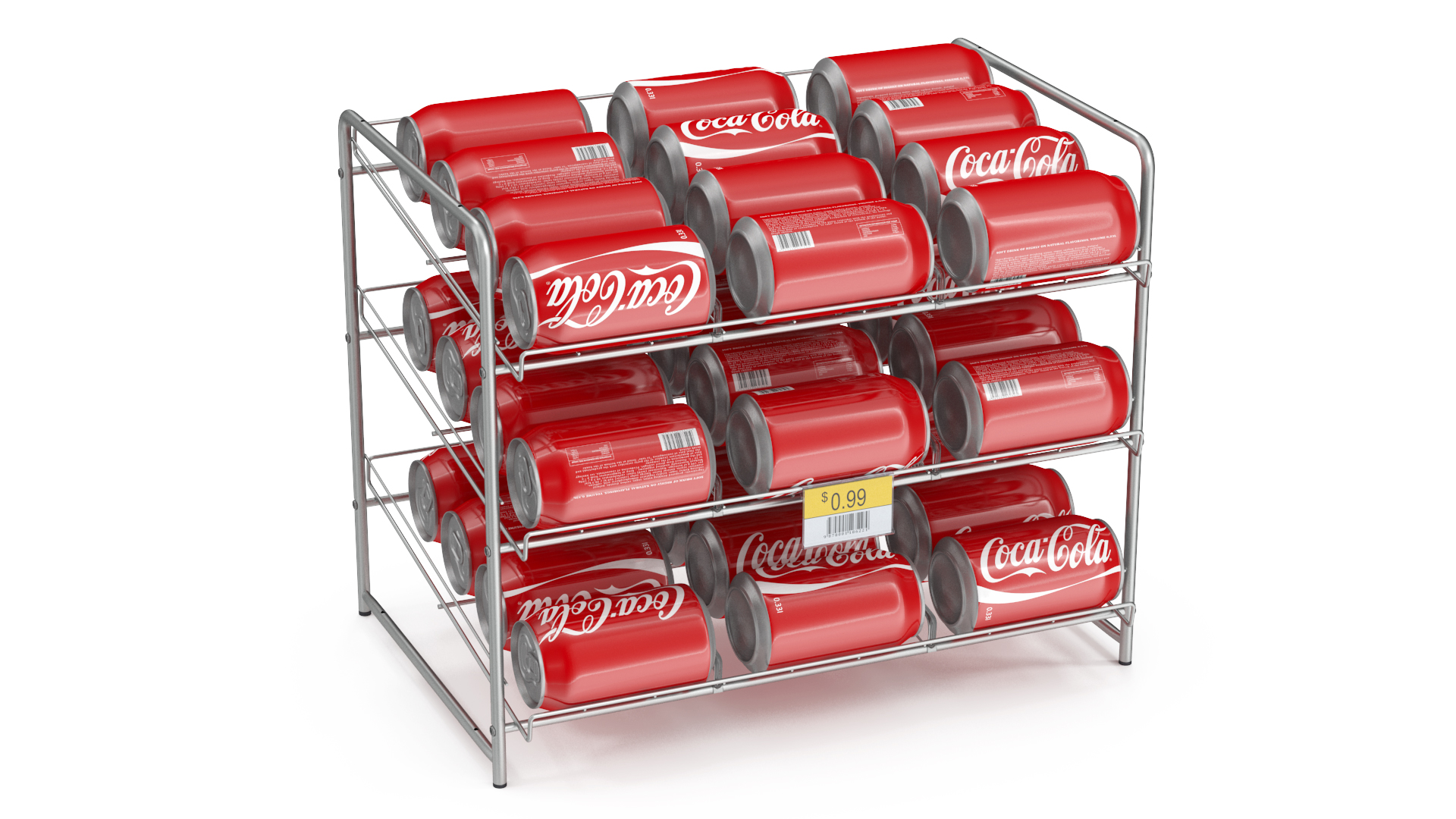 Soda Can Rack Dispenser with Cola Cans and Price Tag 3D