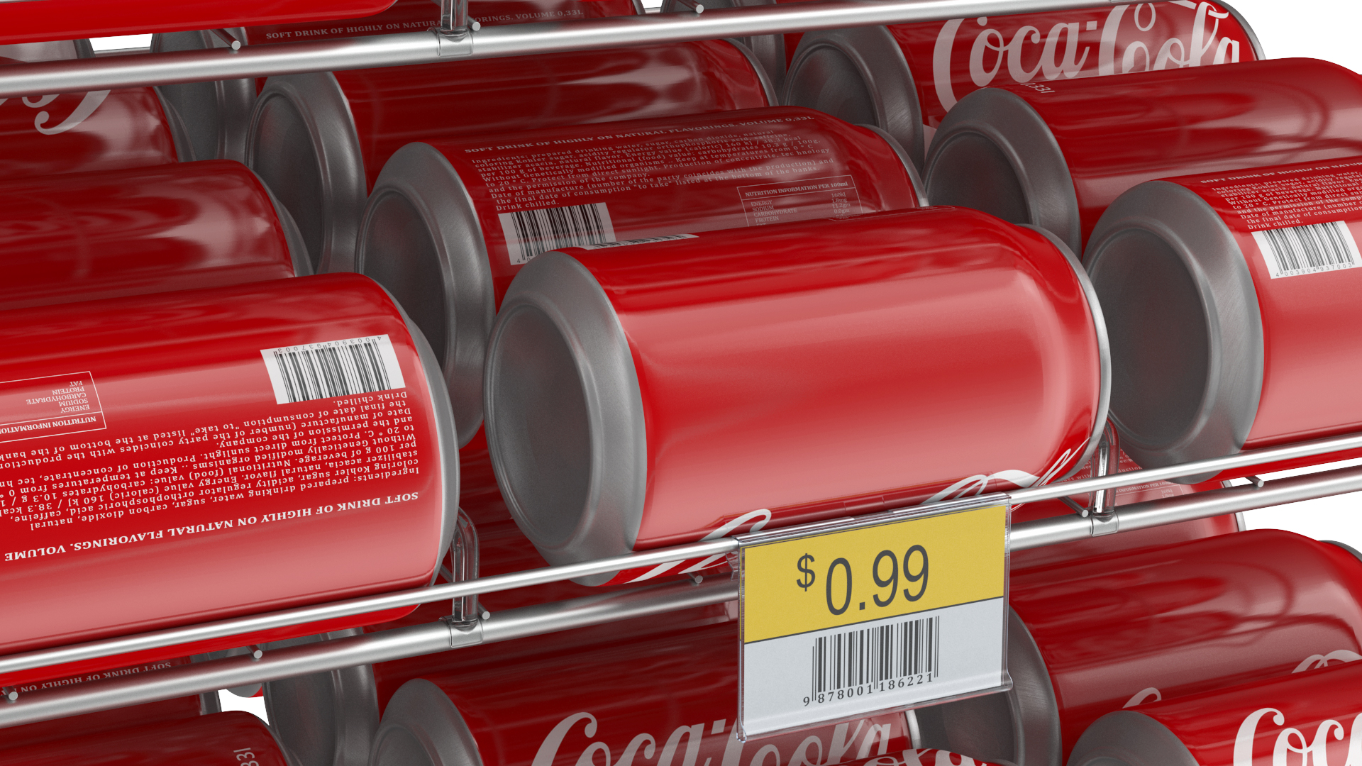 Soda Can Rack Dispenser with Cola Cans and Price Tag 3D