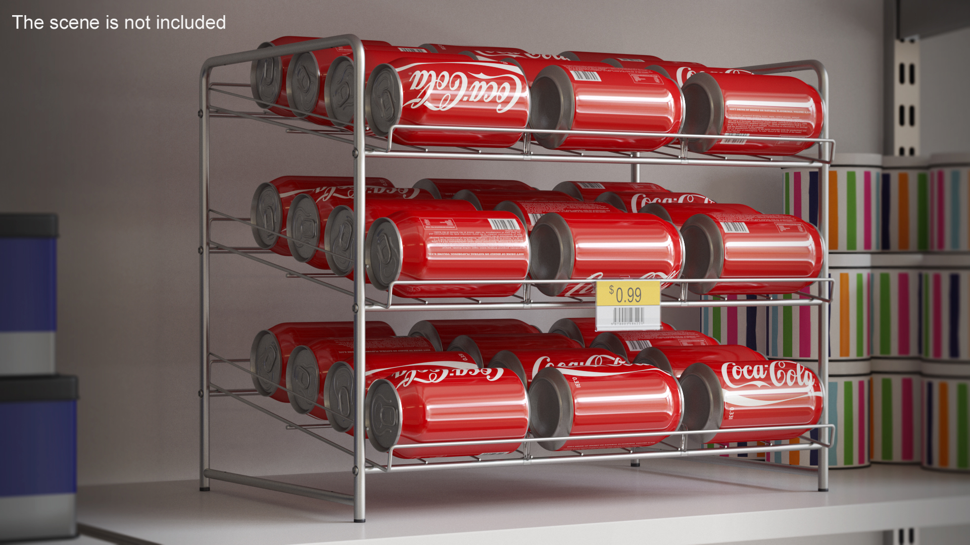 Soda Can Rack Dispenser with Cola Cans and Price Tag 3D