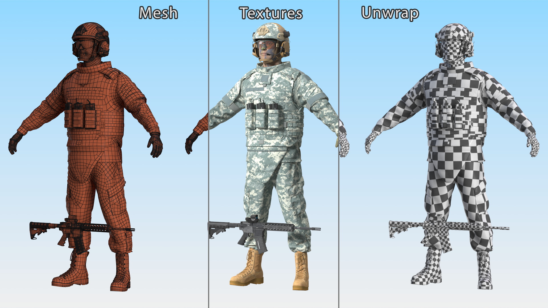3D model Soldier in Grey Gear and Assault Rifle A-pose
