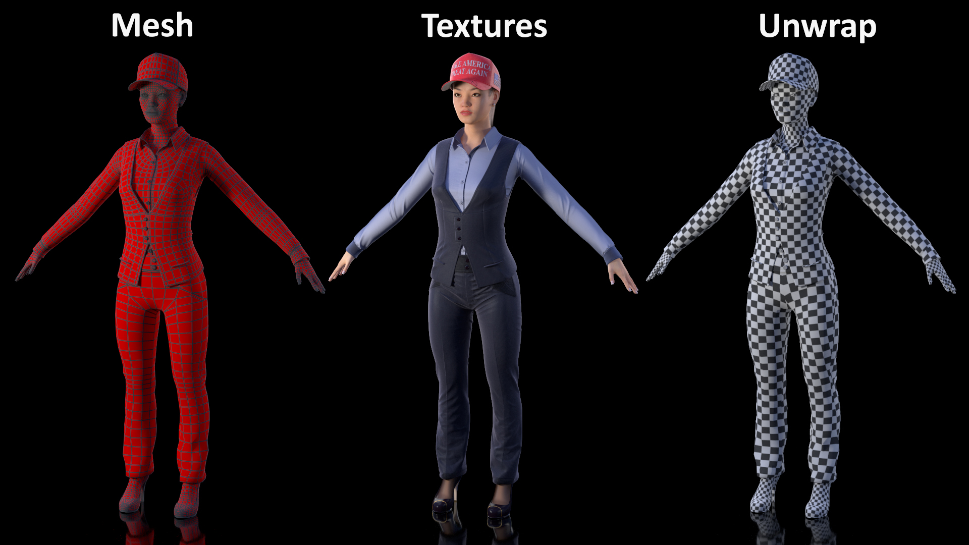 3D Asian Businesswoman Fur in MAGA Hat Fur Rigged