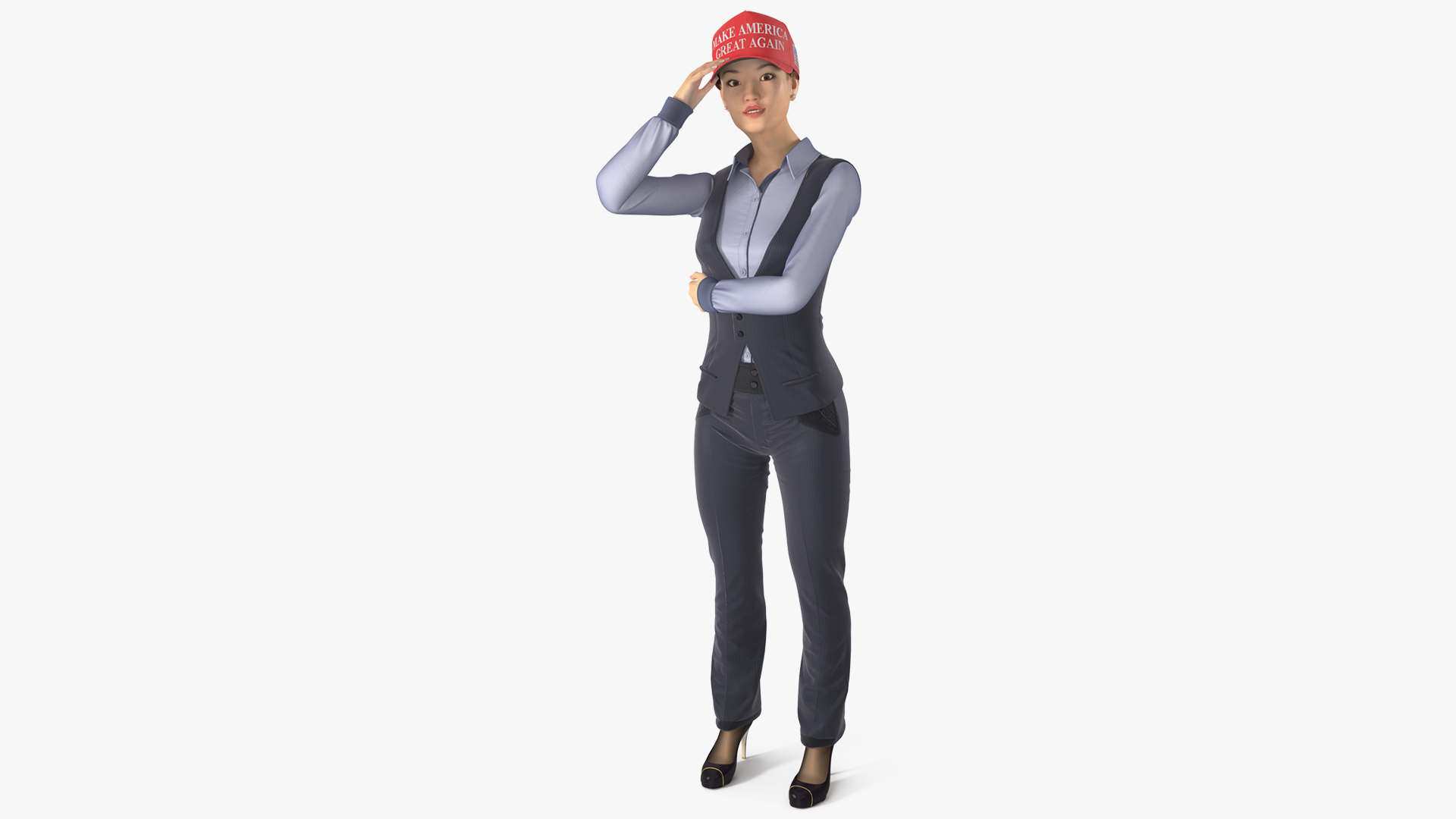 3D Asian Businesswoman Fur in MAGA Hat Fur Rigged