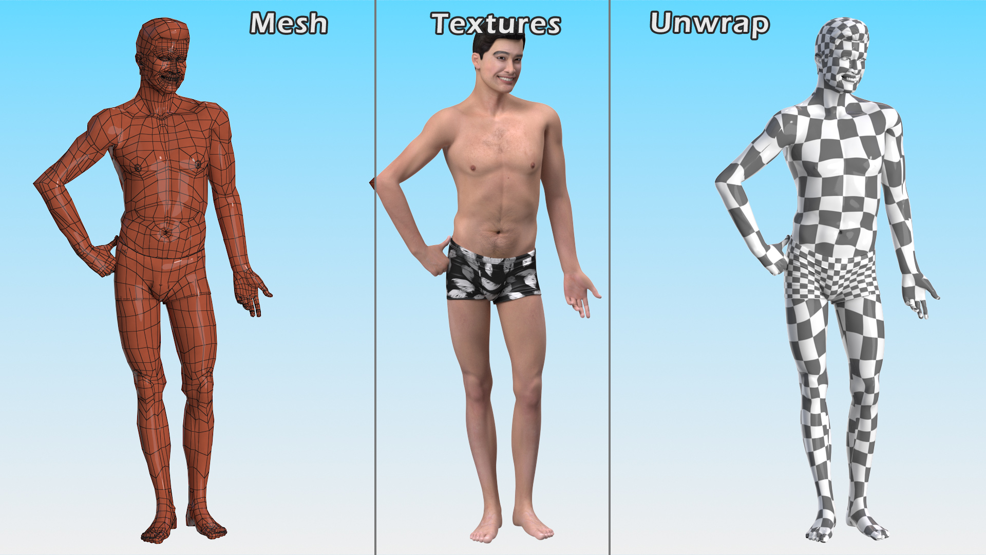 Asian Man Underwear Smiling 3D
