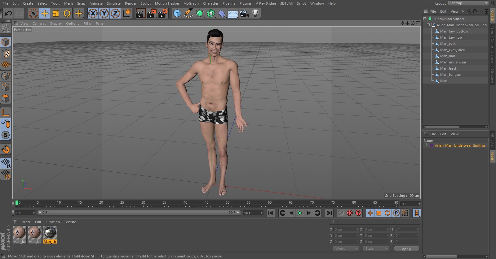 Asian Man Underwear Smiling 3D