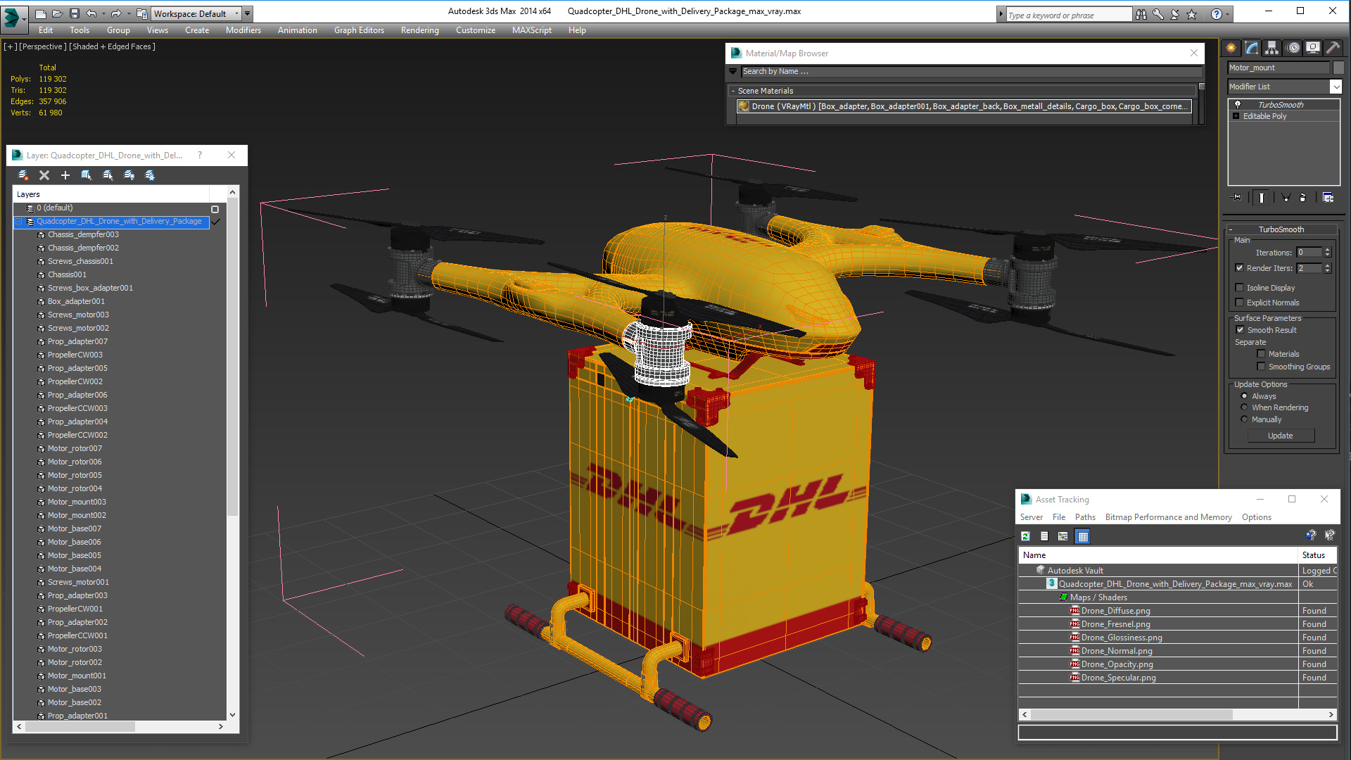 Quadcopter DHL Drone with Delivery Package 3D