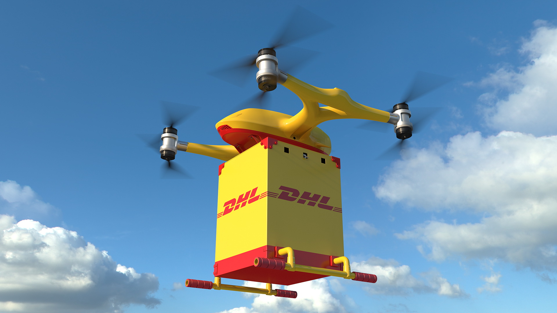 Quadcopter DHL Drone with Delivery Package 3D