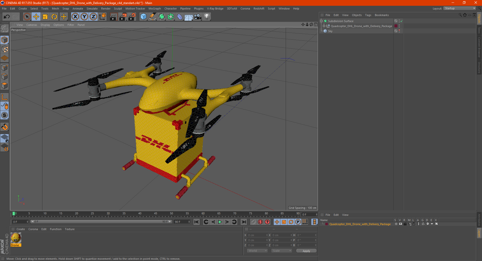 Quadcopter DHL Drone with Delivery Package 3D