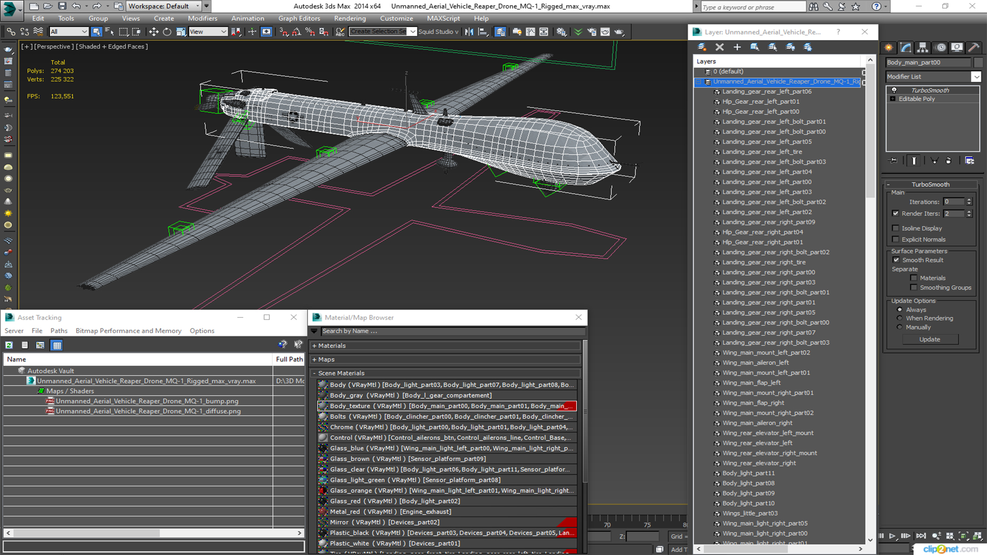 Unmanned Aerial Vehicle Reaper Drone MQ-1 Rigged for Cinema 4D 3D