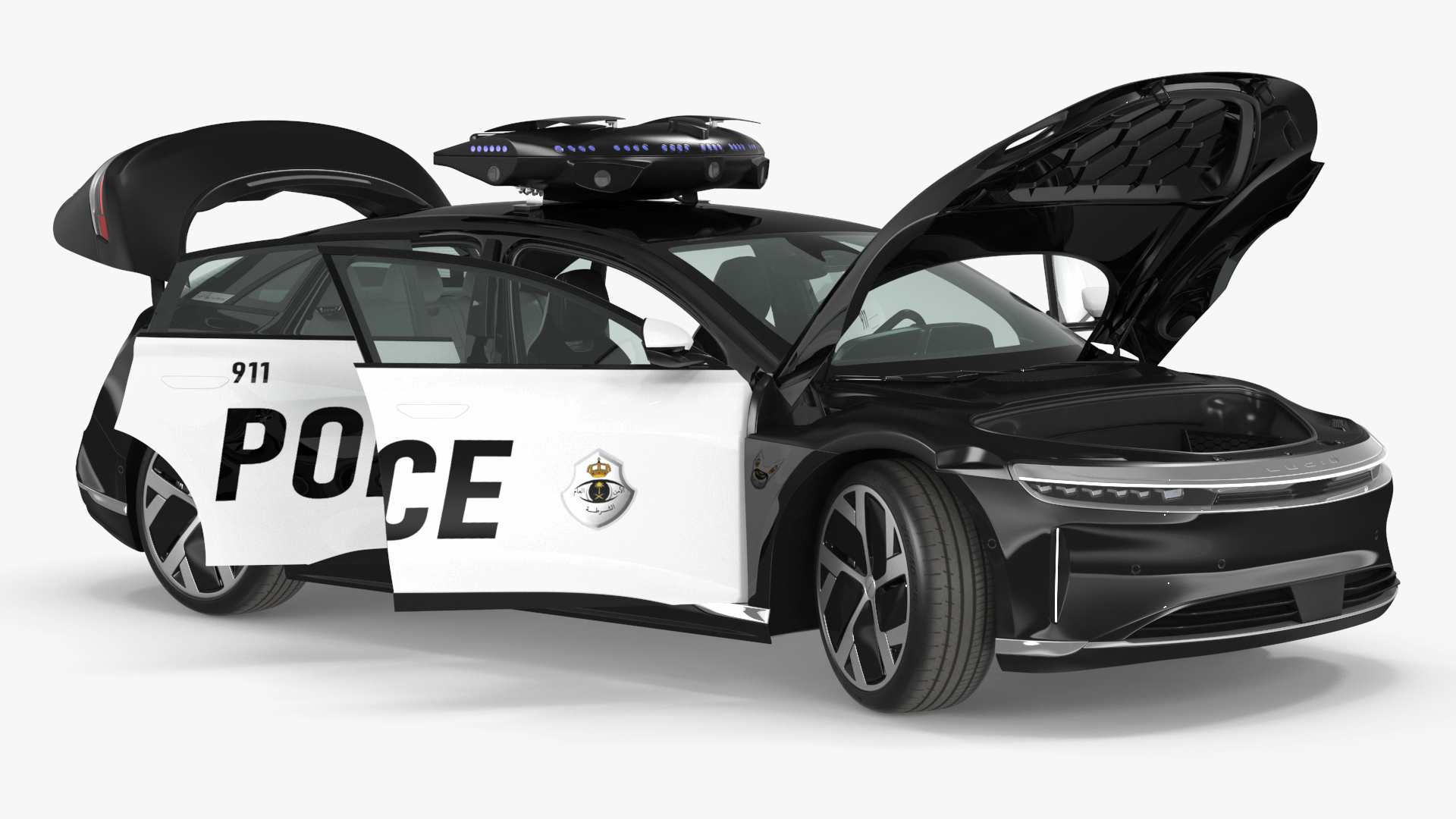 Lucid Air Electric Police Car with Drone Launch Pad Rigged for Maya 3D