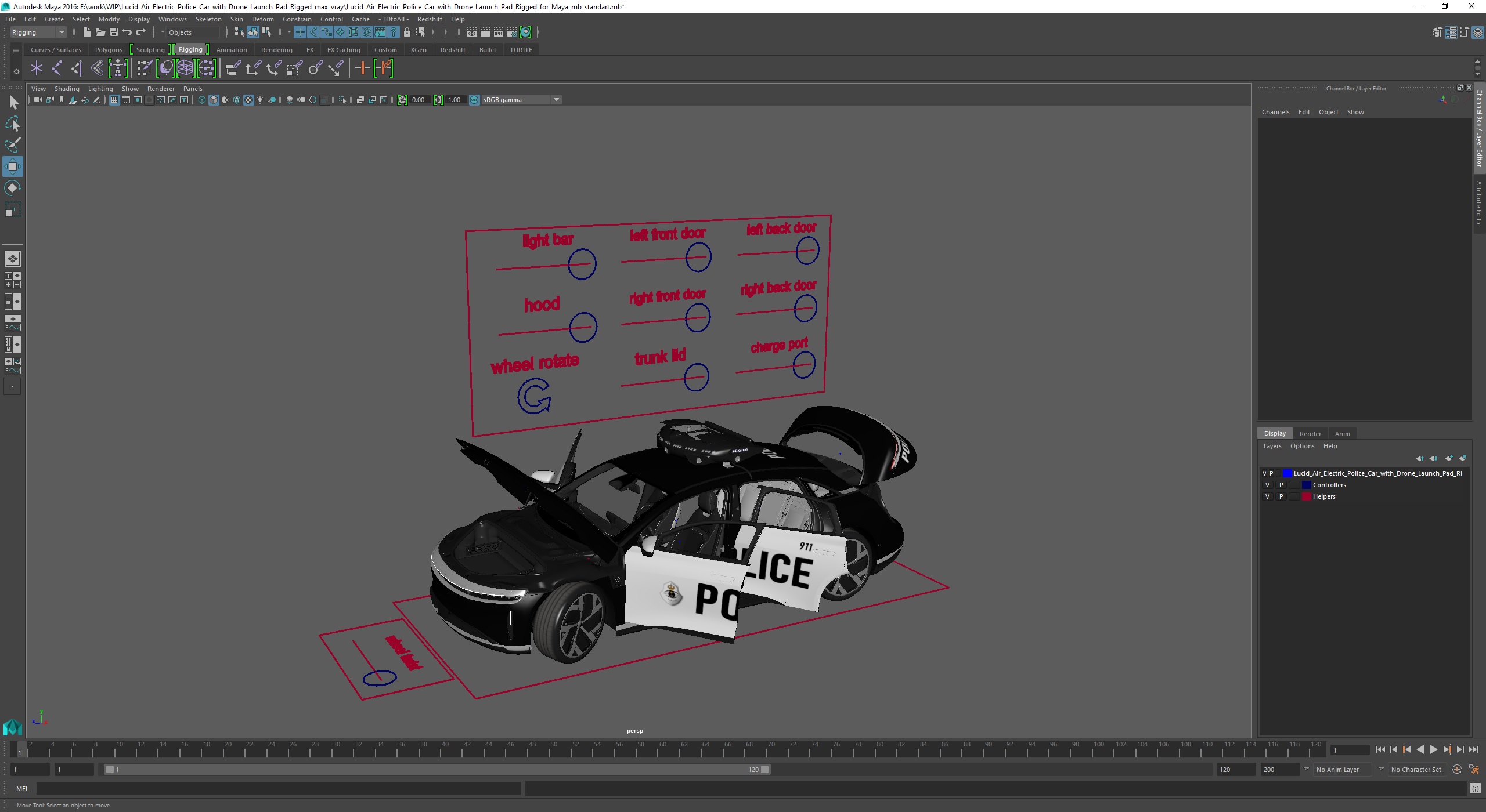 Lucid Air Electric Police Car with Drone Launch Pad Rigged for Maya 3D