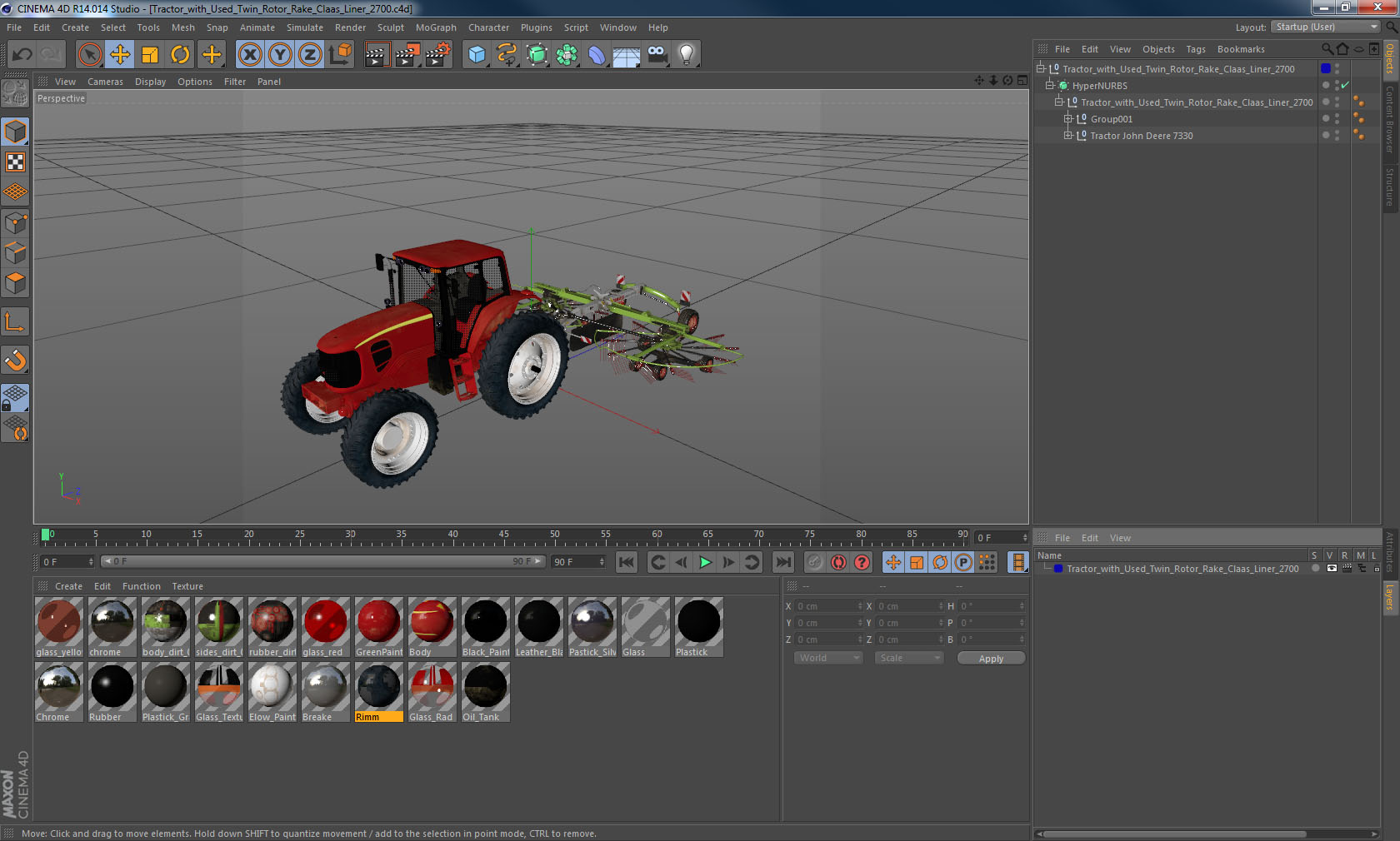 3D model Tractor with Used Twin Rotor Rake Claas Liner 2700