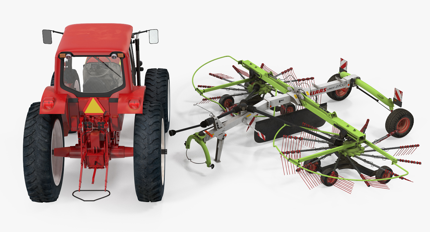 3D model Tractor with Used Twin Rotor Rake Claas Liner 2700