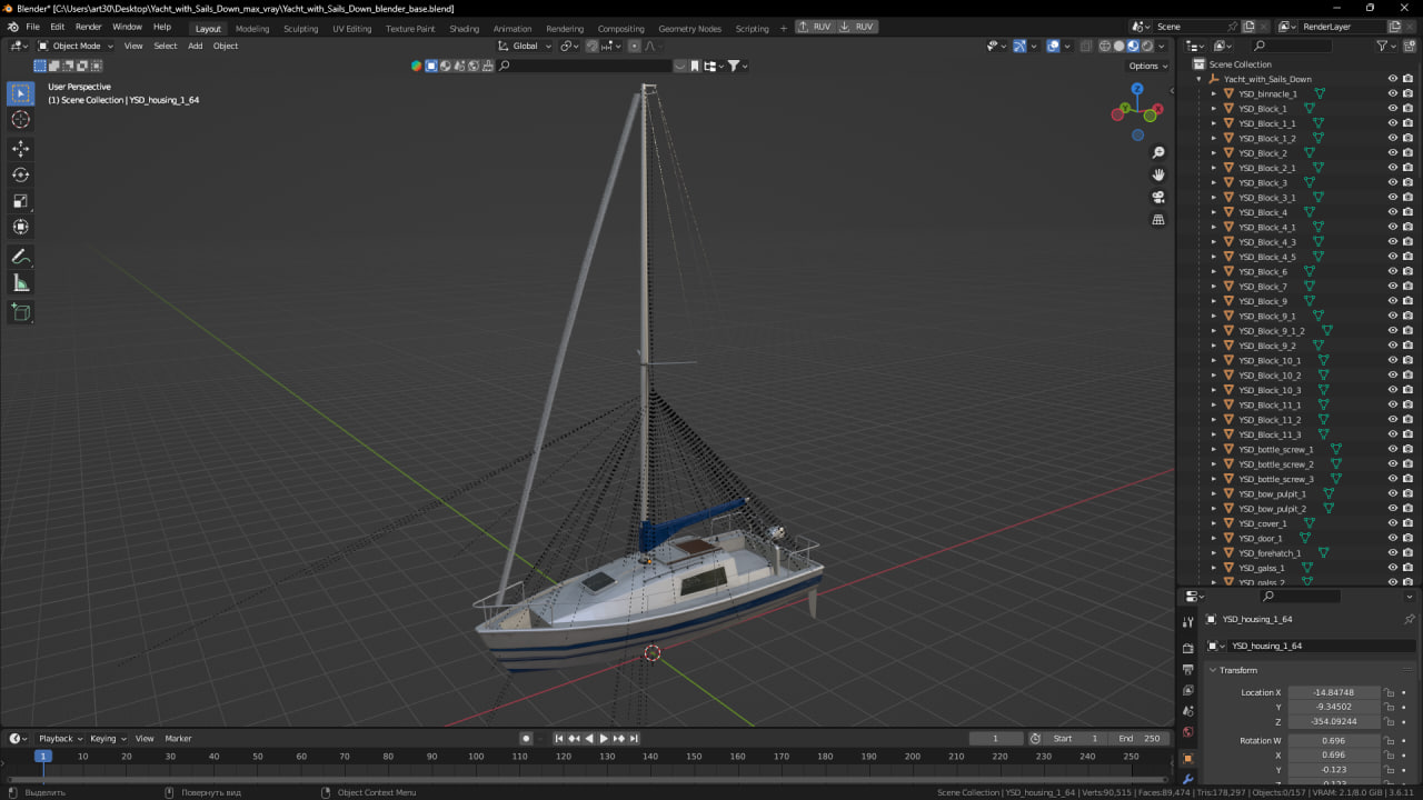 3D Yacht with Sails Down