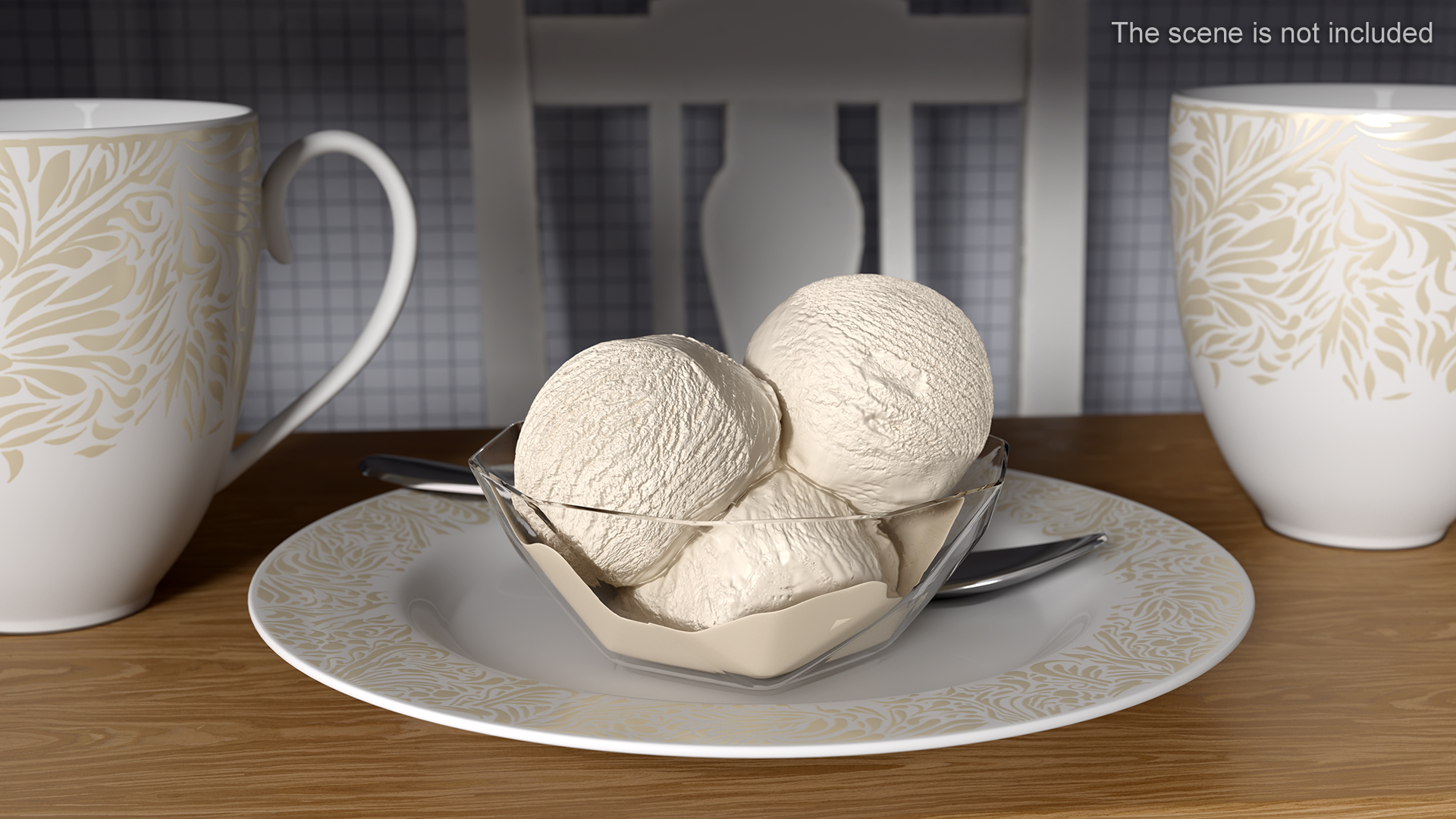 Ice Cream Vanilla Balls in Glass Bowl 3D